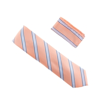Pink With Blue, Silver and White Striped Necktie With Matching Pocket Square WTHXL-909