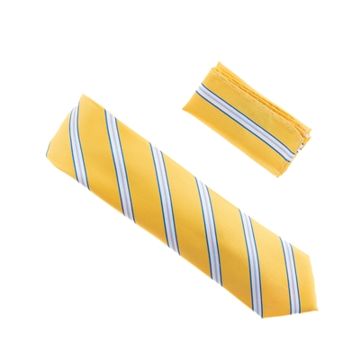 Yellow With Blue, Silver and White Striped Necktie With Matching Pocket Square WTHXL-910