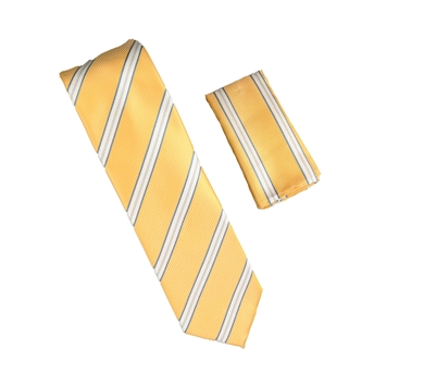 Yellow With Blue, Silver and White Striped Necktie With Matching Pocket Square WTHXL-910