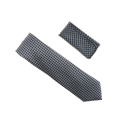 Silver, Black & Grey Designed Extra Long Necktie Tie with Matching Pocket Square WTHXL-916