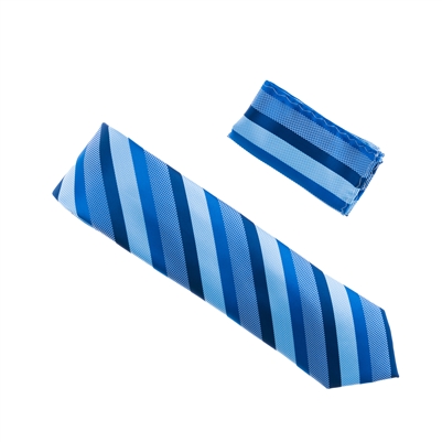 Blue, Navy and Light Blue Striped Designed Necktie Tie with Matching Pocket Square WTHXL-927
