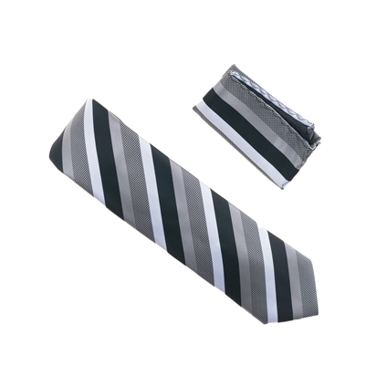 Grey, Silver, Black and White Striped Designed Extra Long Necktie Tie with Matching Pocket Square WTHXL-928