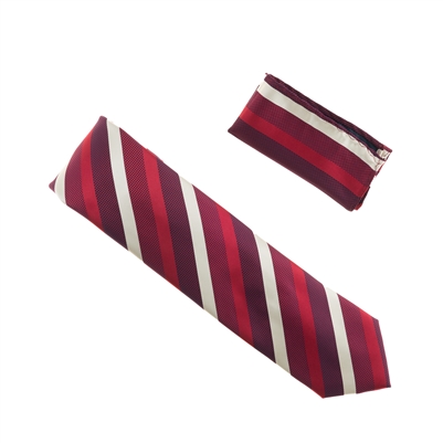 Burgundy, Red, Maroon and Tan Striped Designed Extra Long Necktie Tie with Matching Pocket Square WTHXL-929