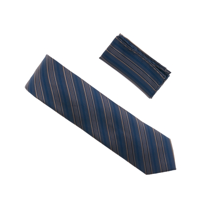 Navy with Taupe Striped Designed Extra Long Necktie Tie with Matching Pocket Square WTHXL-931