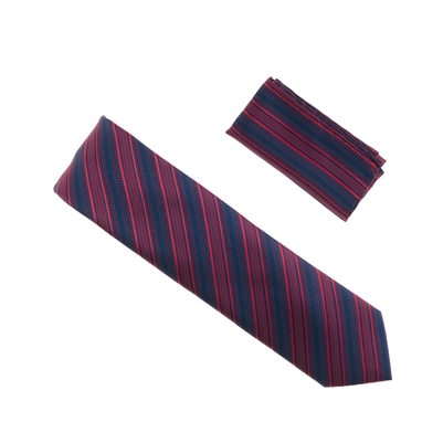 Navy with Red Stripes and Designed Extra Long Necktie Tie with Matching Pocket Square WTHXL-932