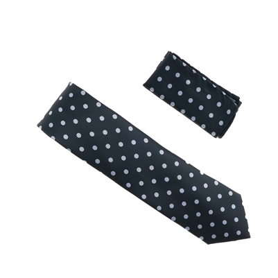 Black with Grey Polka Dot Designed Extra Long Necktie Tie with Matching Pocket Square WTHXL-933
