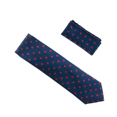 Navy with Red Polka Dot Designed Extra Long Necktie Tie with Matching Pocket Square WTHXL-934