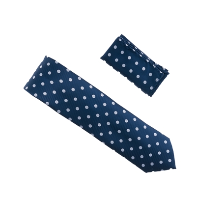 Navy with Grey Polka Dot Designed Extra Long Necktie Tie with Matching Pocket Square WTHXL-935