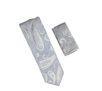 Baby Blue and Grey Designed Extra Long Necktie with Matching Pocket Square WTHXL-936