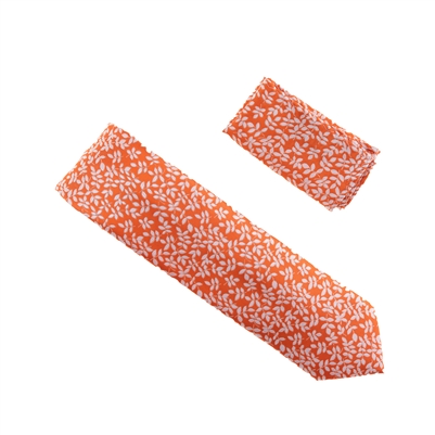 Orange with Silver Silver Petals Designed Extra Long Necktie Tie with Matching Pocket Square WTHXL-947