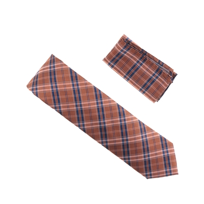 Bronze with Navy and Mini Silver Striped Designed Extra Long Necktie Tie with Matching Pocket Square WTHXL-949