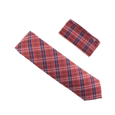 Red with Navy and Mini Silver Striped Designed Extra Long Necktie Tie with Matching Pocket Square WTHXL-950