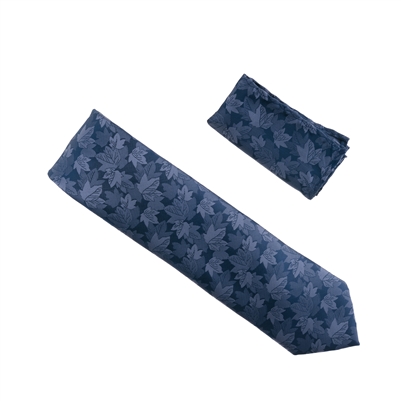 Navy, Silver & Grey Leaf Designed Extra Long Necktie Tie with Matching Pocket Square WTHXL-951