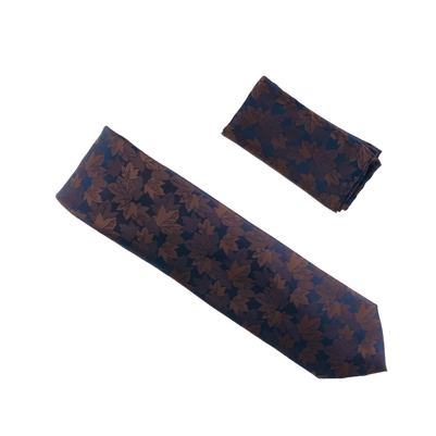 Navy & Brown Leaf Designed Extra Long Necktie Tie with Matching Pocket Square WTHXL-953