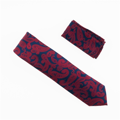 Navy and Burgundy Paisley Designed Necktie With Matching Pocket Square WTH-964