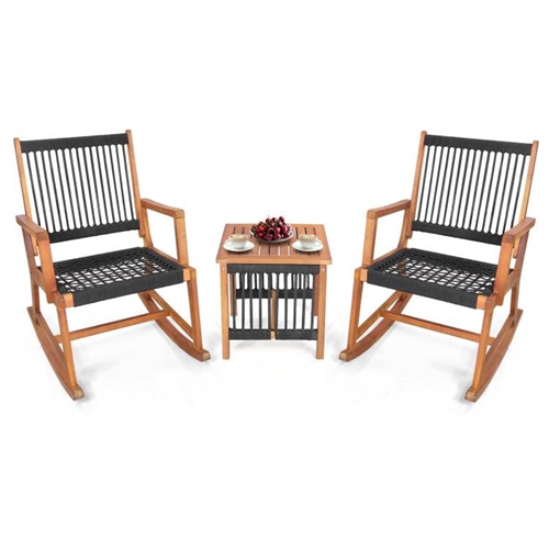 3 Piece Rocking Hand Woven Rope Acacia Wood Bistro Set