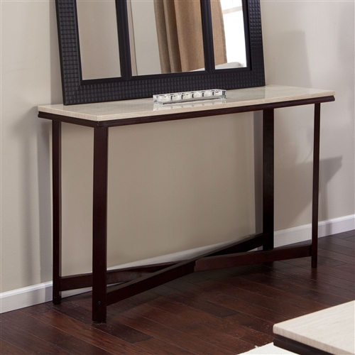 Contemporary Sofa Table in Espresso Wood Finish with Faux Travertine Top