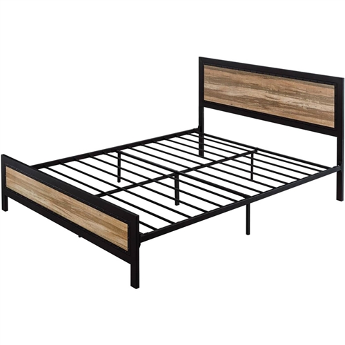 Queen Industrial Metal Wood Rivet Platform Bed Frame w/ Headboard and Footboard