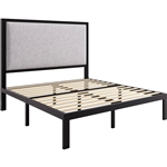 Full size Black Metal Platform Bed Frame with Grey Linen Upholstered Headboard