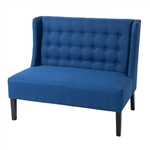 Scandinavian 2 Seater Button Tufted Loveseat Wooden Legs Blue Linen