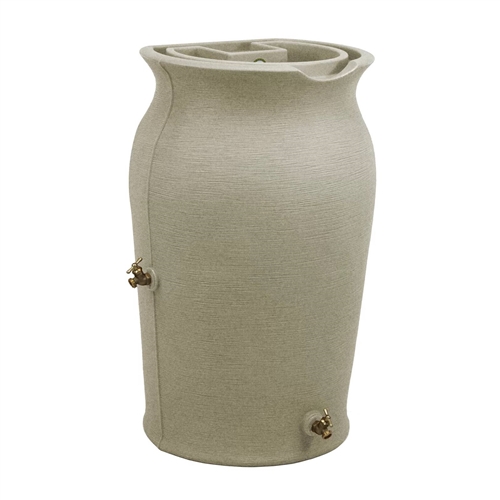 Grey SandStone 50-Gallon Plastic Urn Rain Barrel with Planter Top