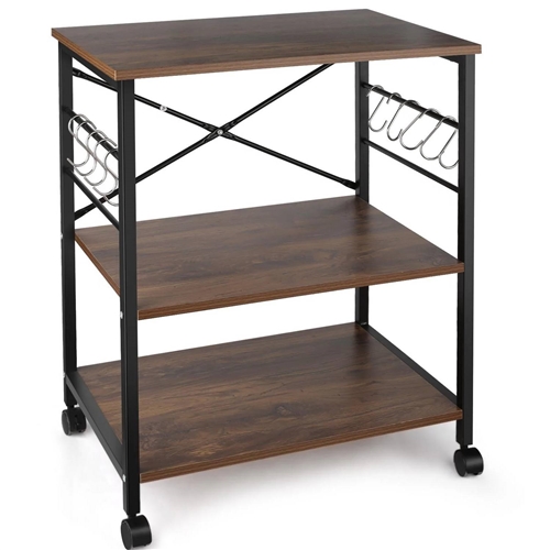 Industrial 3-Shelf Metal Wood Rustic Brown Baker's Rack Kitchen Microwave Cart