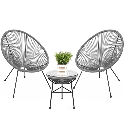 3 Piece Grey Oval Patio Rope Woven Chair Bistro Set