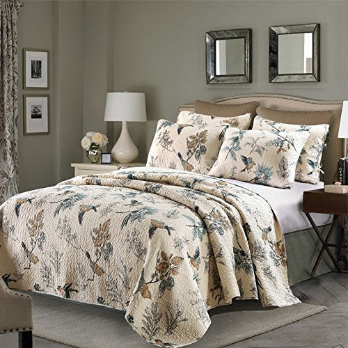 King size 3-Piece Quilt Bedspread Set in 100-Percent Cotton with Floral  Birds Pattern | FastFurnishings.com