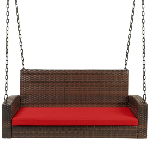 Brown Wicker Hanging Patio Porch Swing Bench w/ Mounting Chains and Red Seat Cushion