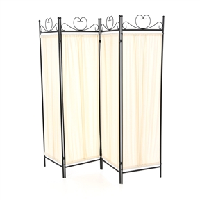 Black Metal 4-Panel Room Divider with Off-White Fabric Screen