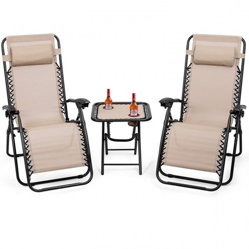 3 Piece Folding Portable Reclining Lounge Chairs Table Set Tan