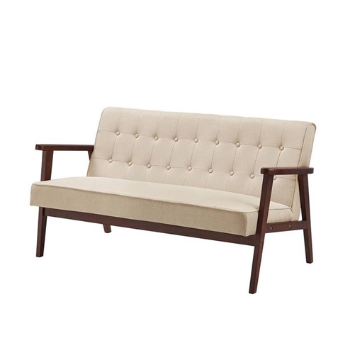 Modern Wooden Loveseat Sofa w/ Armrests Button Tufted Beige