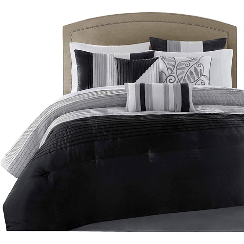 Queen Size 7 Piece Bed In A Bag Comforter Set Faux Silk Black Gray Stripes