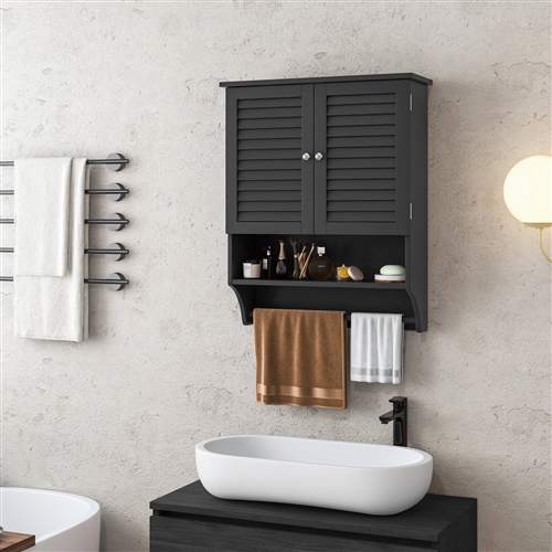 Black Wall-Mounted Bathroom Medicine Cabinet with Louver Doors and Towel Bar