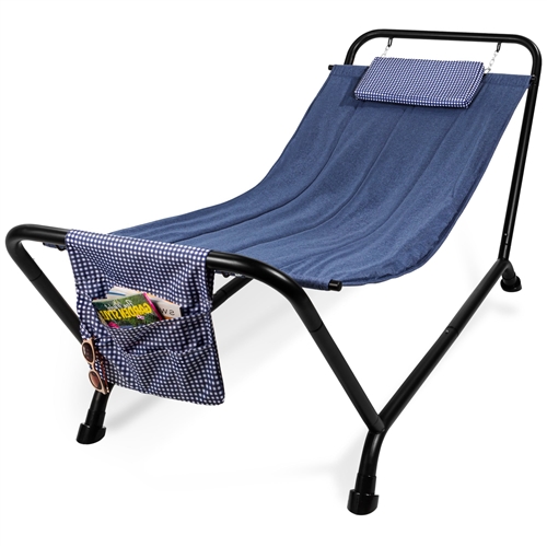 Blue Waterproof Patio Hammock w/ Stand Pillow Storage Pockets