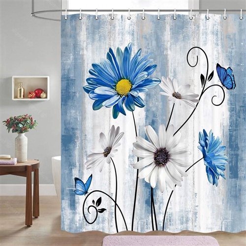 72"W x 72"H Blue Vibrant Floral Butterfy Polyester Shower Curtain