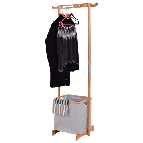 Bamboo Frame Laundry Hamper Basket with Garment Rack Clothes Hanger