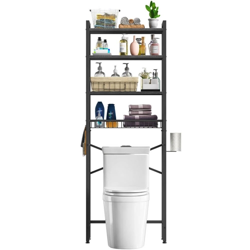 Over the Toilet Storage Freestanding Industrial Metal Wood Shelving Unit Black
