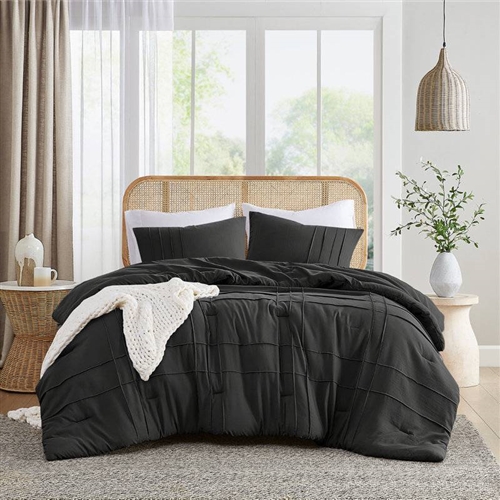 Full/Queen Microfiber Pleated Soft Washed Comforter Set Black