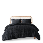 Full/Queen 3 Piece Jacquard Pompom Microfiber Hypoallergenic Comforter Set, Black