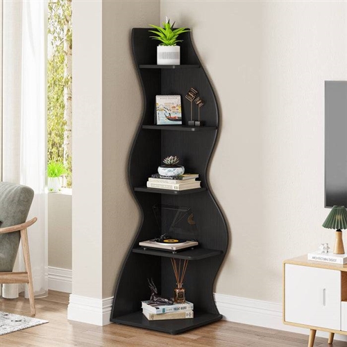 Modern Whimsical 5 Shelf Corner Bookcase Stand Black  Wood Finish