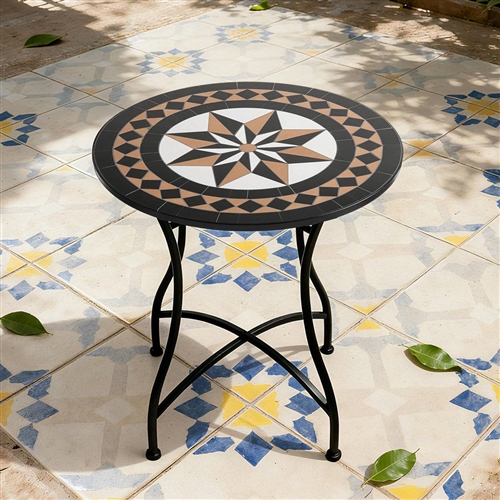 Round Black Tan Mosaic Tiles Bistro Table