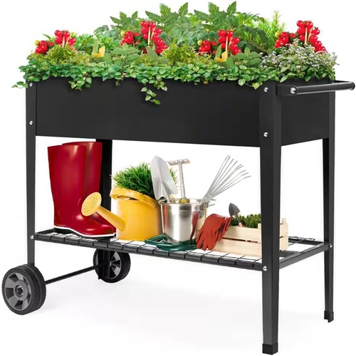 Black Metal Raised Garden Bed Planter Cart on Wheels 37-inch x 15-inch