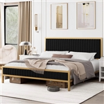 Queen size Gold Metal Platform Bed Frame with Black Velvet Upholstered Headboard