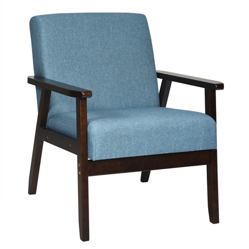 Retro Linen Wide Accent Chair w/ Espresso Rubber Wood Frame - Blue