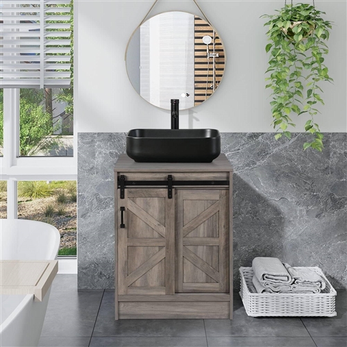 Modern Farmhouse Bathroom Vanity w/ Barn Wood Sliding Door / Black Ceramic Sink
