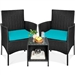 3-Piece Black PE Wicker Outdoor Dining Patio Furniture Set w/ Teal Blue Cushions