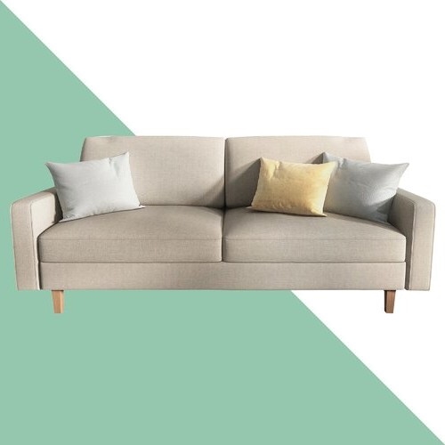 Beige Linen Upholstered Sofa with Modern Mid-Century Style Wood Legs