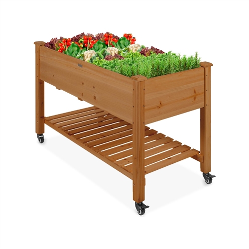 Brown Locking Wheels Raised Mobile Garden Elevated Wood Planter