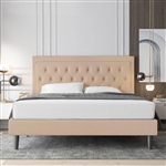 Queen size Beige Linen Platform Bed Frame with Button Tufted Headboard